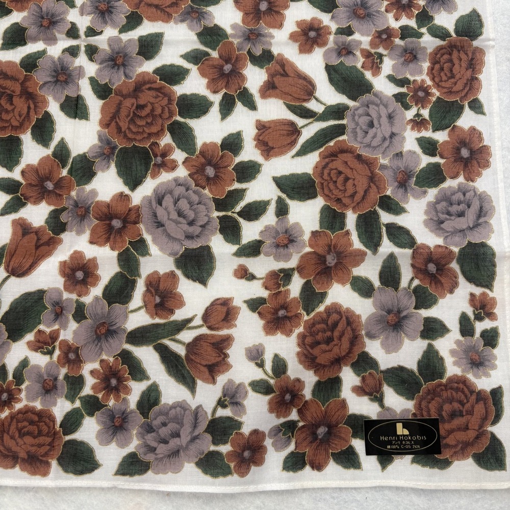 HENRI HOKOBIS Scarf Handkerchief Floral Rose Cotton Brown Purple Accessory 16.5"